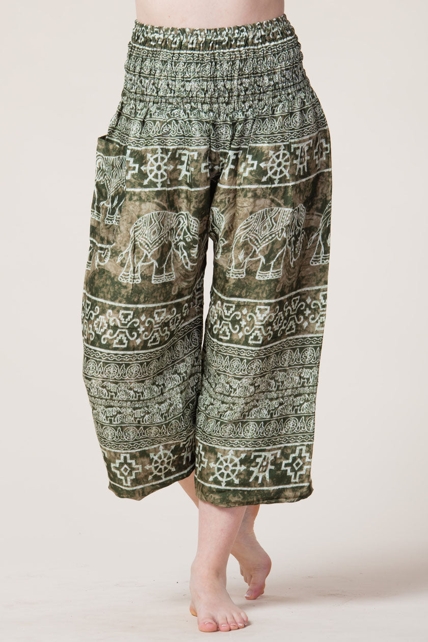 Olive Marble Elephants Artisan Harem Pants