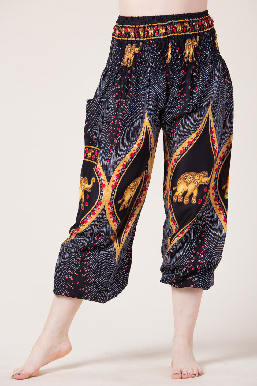 Peacock Elephant Black Artisan Harem Pants